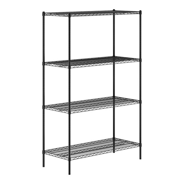 A black metal shelving unit with four wire shelves and tall vertical posts.