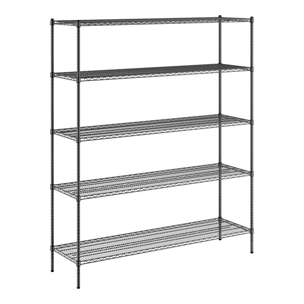 A black metal Regency wire shelving unit with four shelves.