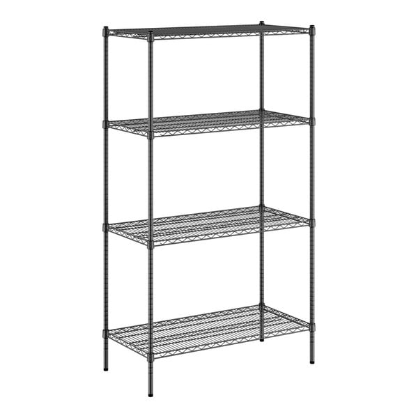 A Regency black wire shelving unit with four shelves.