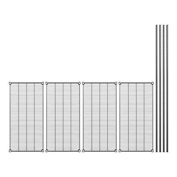A set of four black metal shelves with black metal posts and a grid.