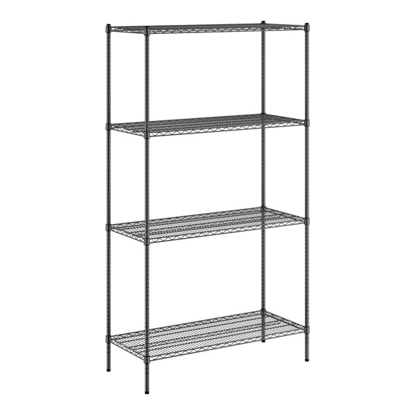 A black wire shelving unit with four shelves.