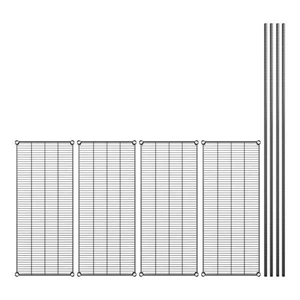 A set of four black metal panels with metal bars and a grid.