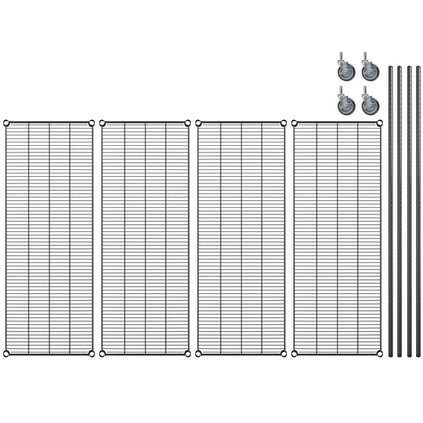 a wire rack with wheels and rods