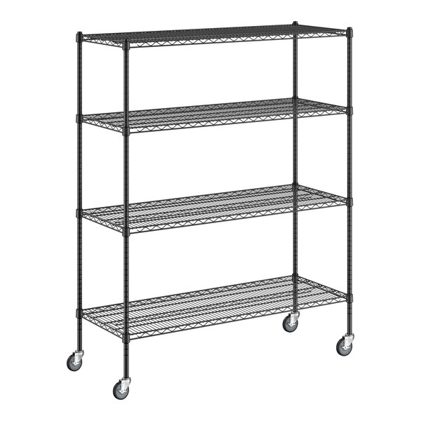 A black metal Regency wire shelving unit with wheels.