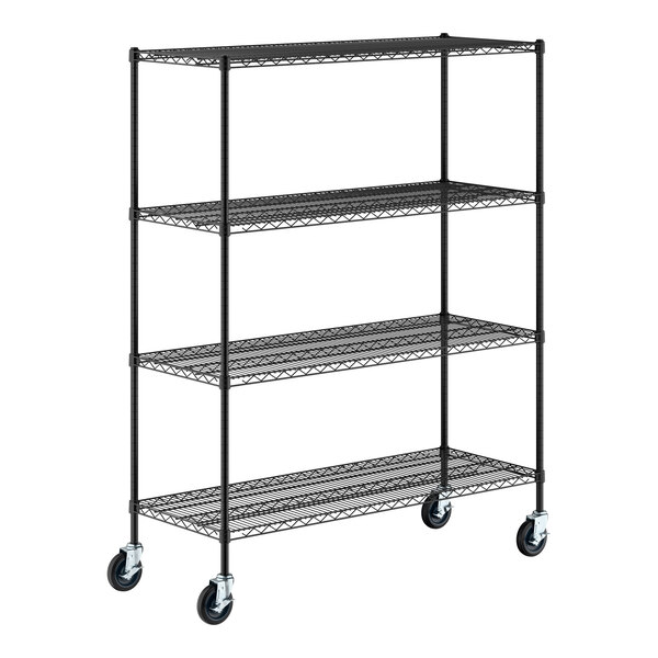 A black metal wire shelving unit with four shelves and four caster wheels.