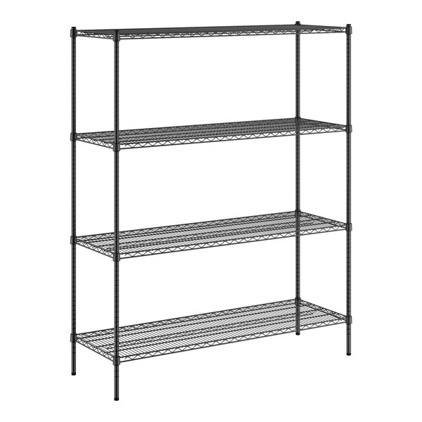 A black Regency wire shelving unit with four shelves.