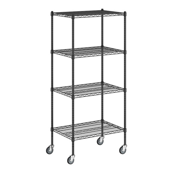 A Regency black wire shelving kit with casters.