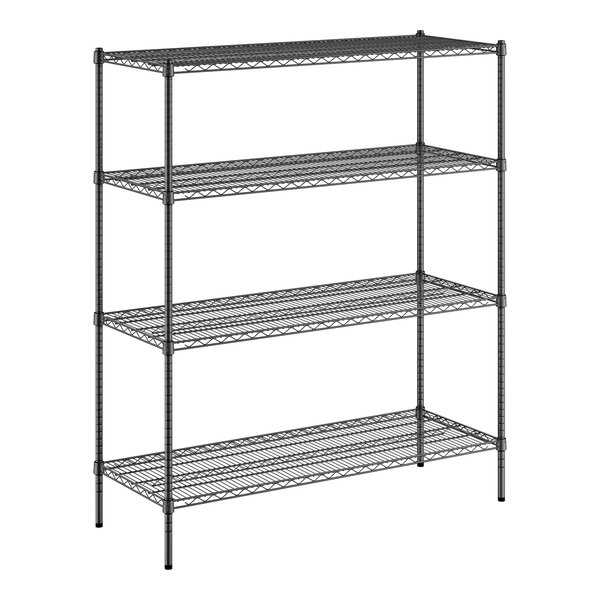 A black wire shelving unit with four shelves.