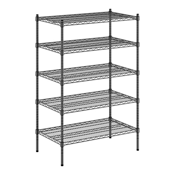 A black wire Regency shelving unit with five shelves.