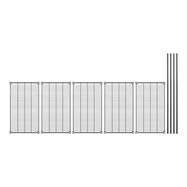 A row of black wire shelves with black poles.