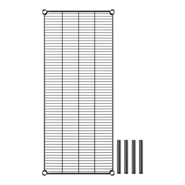 A black metal grid shelf with four black metal rods.