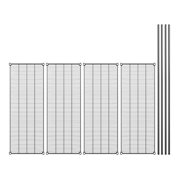A set of four black metal shelves with black metal rods and grids.