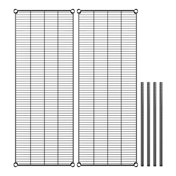 A pair of black metal shelves with black metal grids.