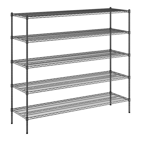 A black metal Regency wire shelving unit with four shelves.