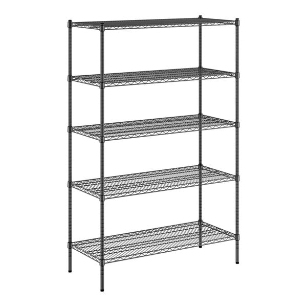 A Regency black wire shelving unit with four shelves.