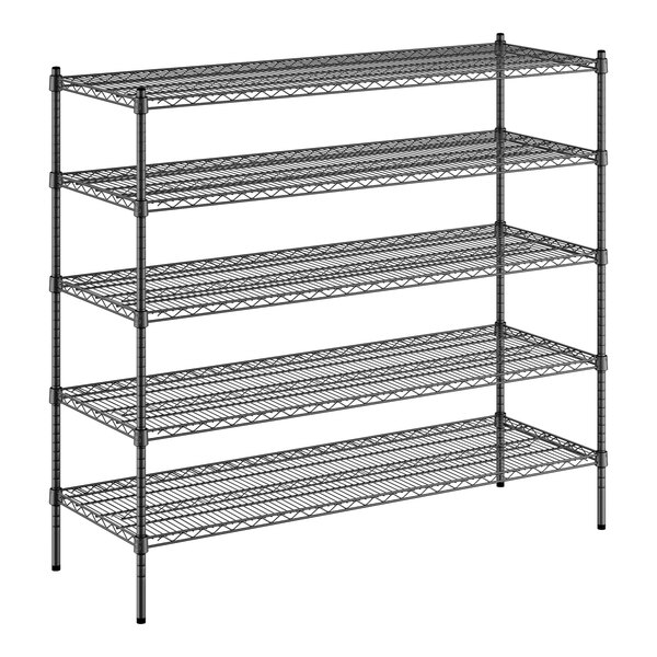 A black wire Regency shelving unit with five shelves.