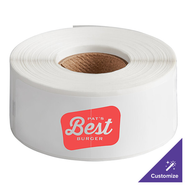 A roll of white TamperSafe labels with customizable text.