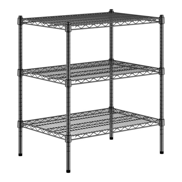 A black metal Regency wire shelving unit with three shelves.