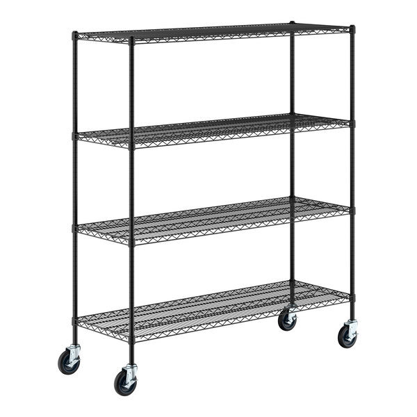 A black metal shelving unit with four wire shelves and four caster wheels for mobility.