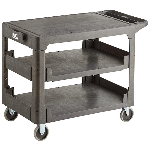 Lavex Large Black 3-Shelf Utility Cart with Flat Top and Built-In