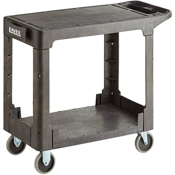 Lavex Large Black 2-Shelf Utility Cart with Flat Top, Built-In Tool  Compartment, and Oversized Wheels