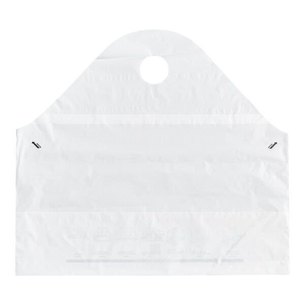 A white plastic bag with a wavetop design, a circular handle cutout, and tamper-evident seals on both sides.