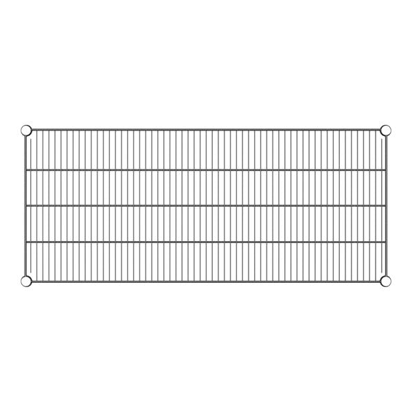 A rectangular black wire shelf with a grid pattern on it.