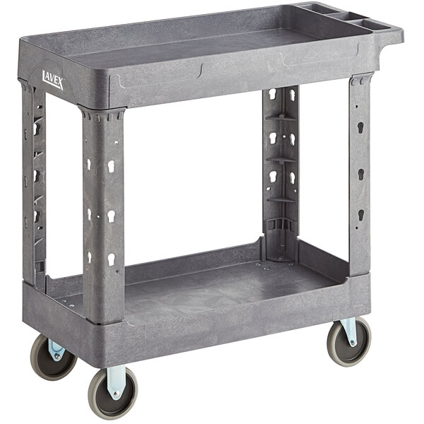 A Lavex medium gray plastic utility cart with wheels.