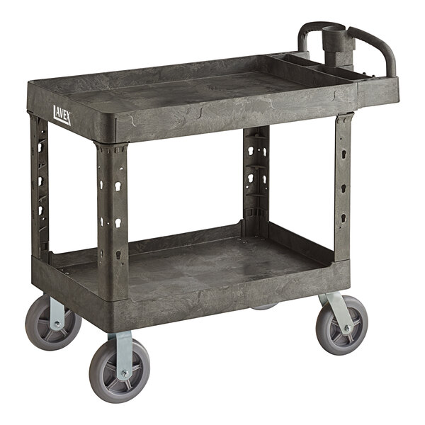 Lavex Large Black 2-Shelf Utility Cart with Flat Top, Built-In Tool  Compartment, and Oversized Wheels