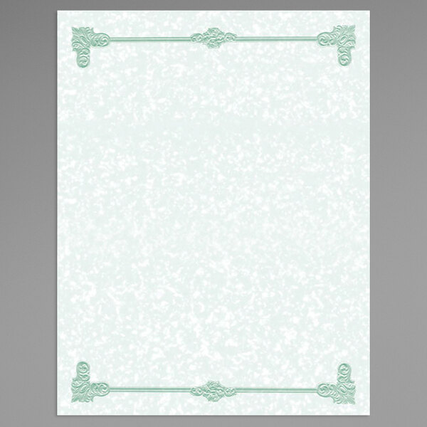 Green menu paper with a scroll border in white with green border.