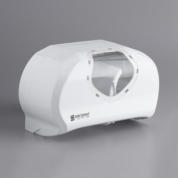 A white San Jamar double roll toilet paper dispenser with a clear window.
