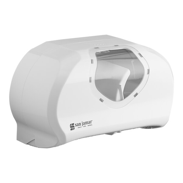 A white San Jamar Summit double roll toilet tissue dispenser with a clear window.