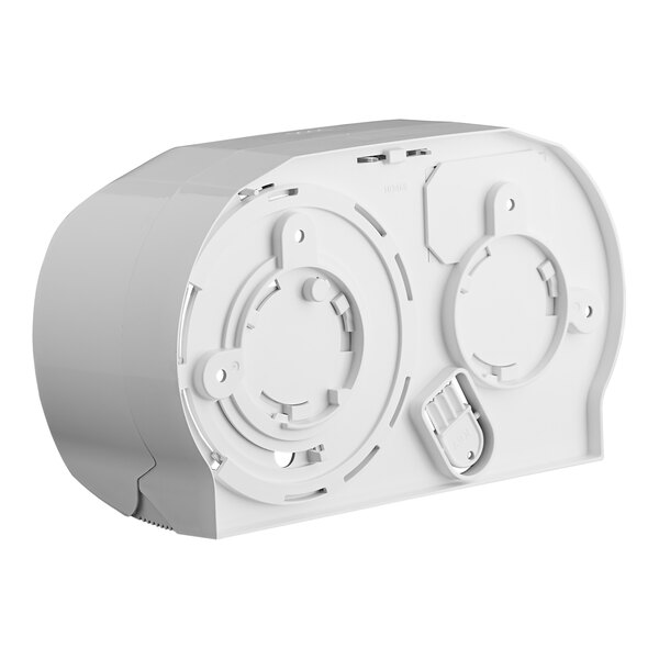 A white plastic San Jamar toilet tissue dispenser with two circular holes.