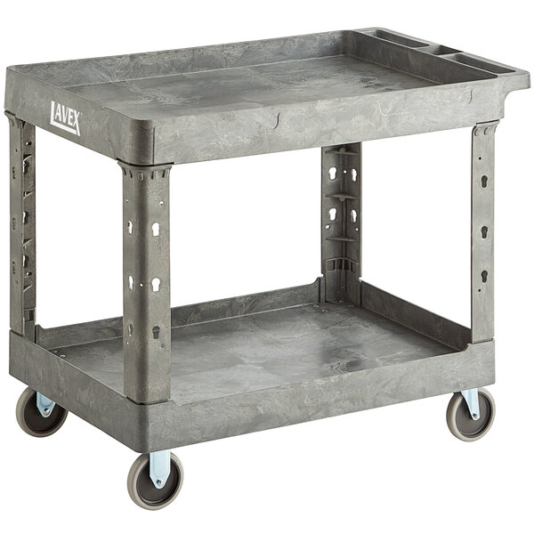 A Lavex large gray plastic utility cart with two shelves and wheels.