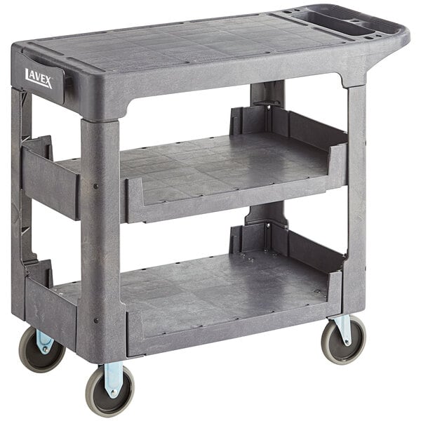 Lavex Large Black 2-Shelf Utility Cart with Flat Top, Built-In Tool  Compartment, and Oversized Wheels