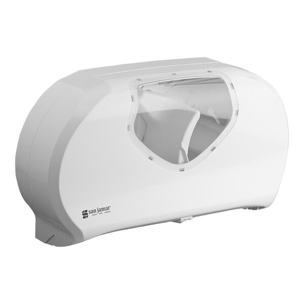 A white San Jamar double roll toilet paper dispenser with a clear window.