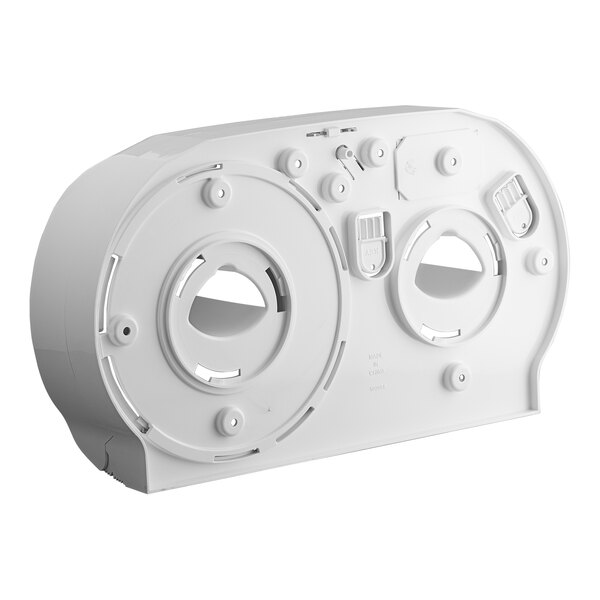 A white plastic San Jamar double roll toilet tissue dispenser with circular holes and buttons.
