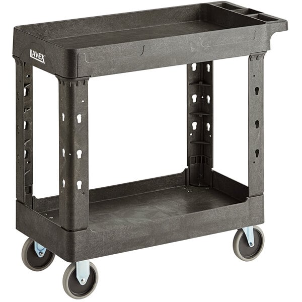A black plastic Lavex utility cart with wheels.