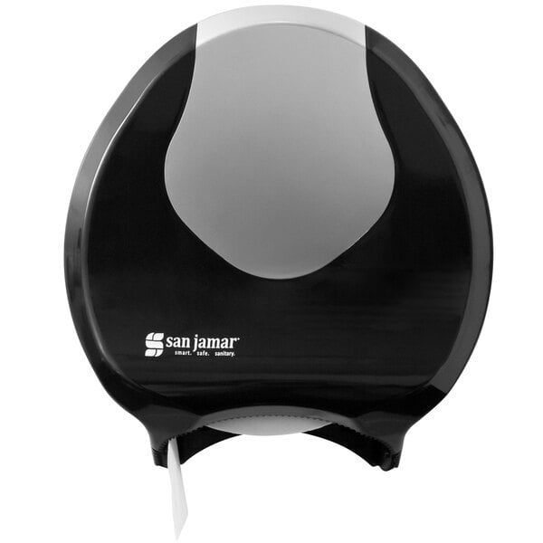 A black and silver San Jamar Summit single roll toilet paper dispenser.