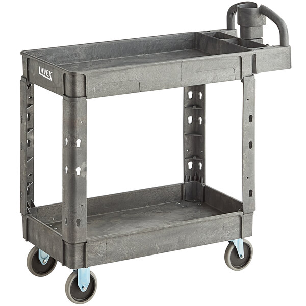 A grey Lavex plastic utility cart with wheels and an ergonomic handle.