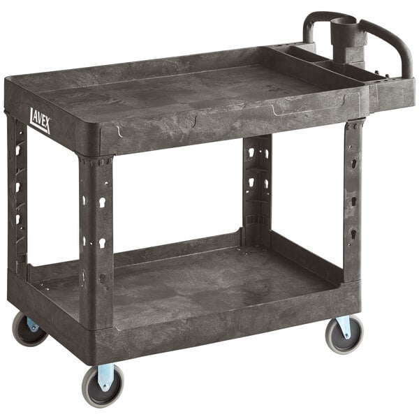 A black Lavex utility cart with two shelves.