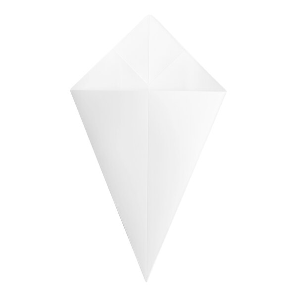 A white square cardboard fry cone designed for serving food.