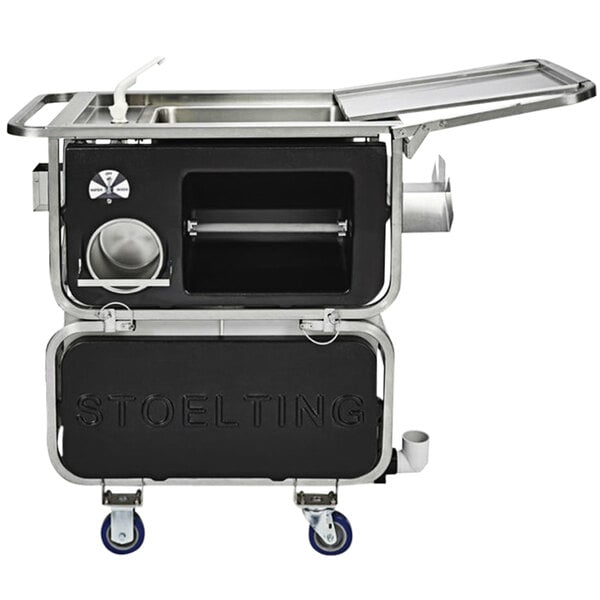 A black and silver portable cleaning system for frozen treat equipment on wheels.
