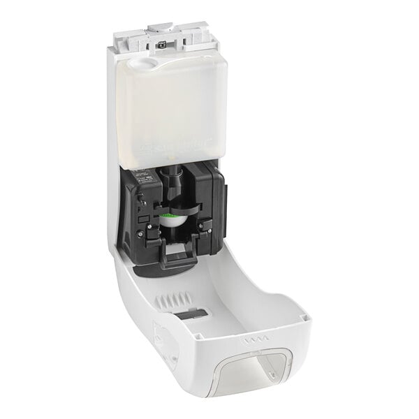 A white San Jamar Summit Rely hybrid automatic hand soap, sanitizer, and lotion dispenser with a plastic lid.