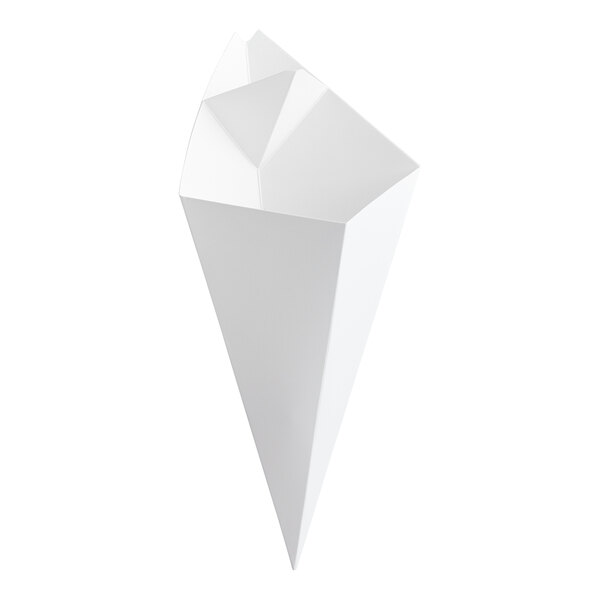 A white square cardboard fry cone designed for serving snacks.