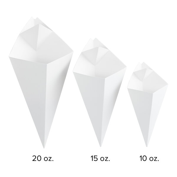 A white square cardboard fry cone with a 15 oz. capacity.