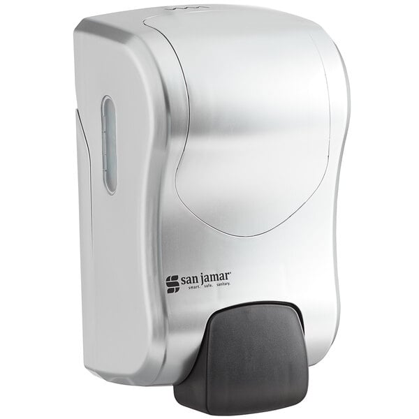 A stainless steel San Jamar manual foam hand soap and sanitizer dispenser.