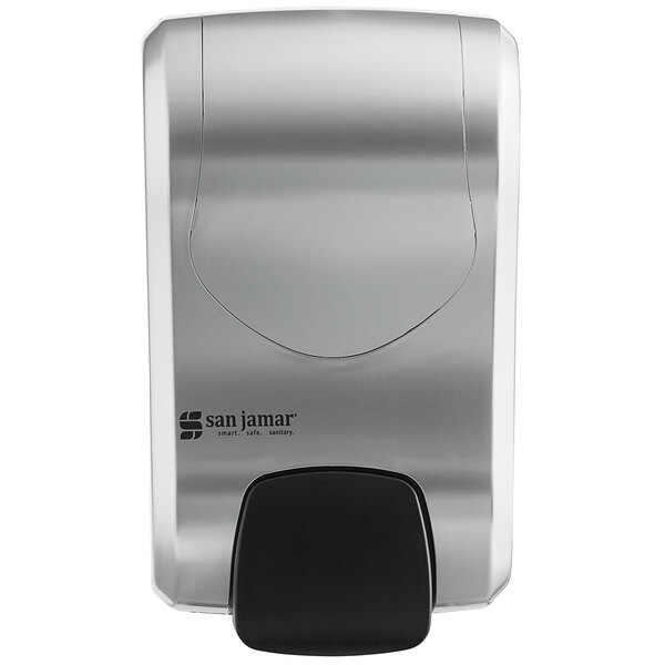 A silver and black San Jamar Summit Rely manual hand soap dispenser.