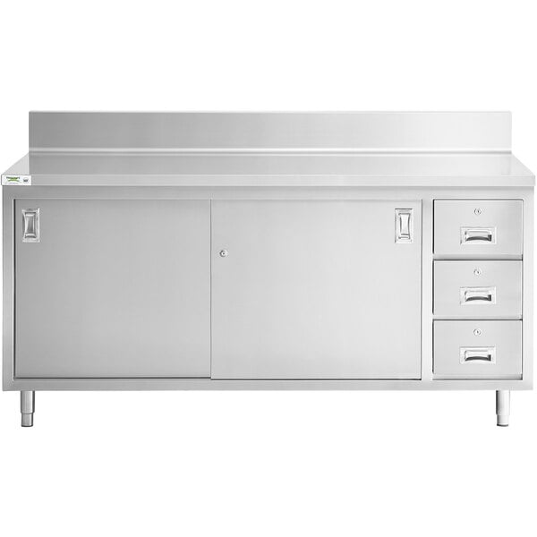 A Regency stainless steel enclosed base work table with drawers.