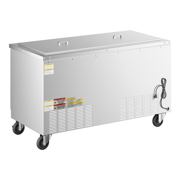 A stainless steel refrigerated salad bar or cold food table on wheels.